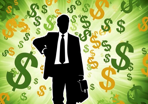 A silhouette of a business person standing confidently with a briefcase, surrounded by floating dollar symbols against a radiant green backdrop - Powered by Adobe
