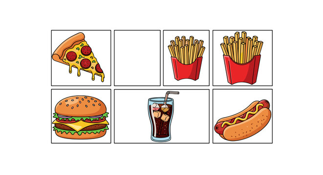 Illustration of a collection of fast food items including pizza fries burger soda and a hot dog in boxes
