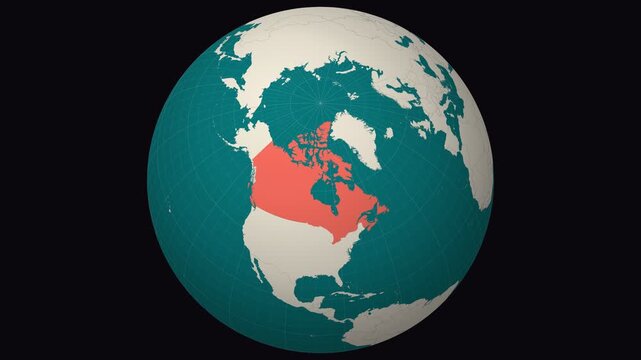 Canada map. Animated zoom into the country on the Globe in Teal Pale Mint color palette. Country logo animation. Map with meridians, parallels. Artistic video.