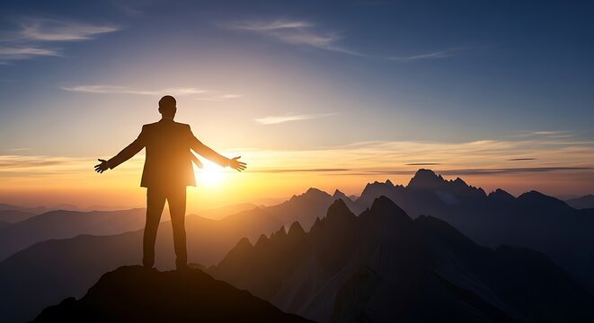 A silhouette of a man stands atop a mountain peak with arms outstretched, backlit by a vibrant sunset