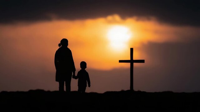 Dark silhouettes om mother and son at sunset cemetery animation video. Family in grief for lost relative animated footage clip seamless HD motion graphics. Religion in life concept