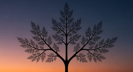 A silhouette of a symmetrical tree with intricate branching against a gradient sky of orange and blue hues during sunset
