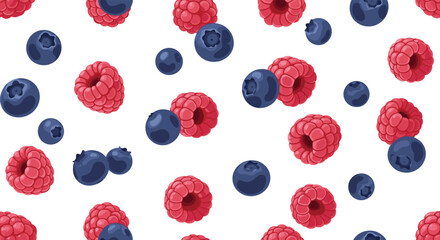 Vibrant seamless pattern of fresh blueberries and raspberries scattered on a clean white background.