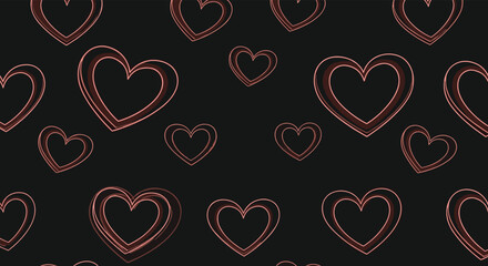 Seamless pattern of glowing, outlined hearts with a distressed texture on a dark background, conveying love and romance.