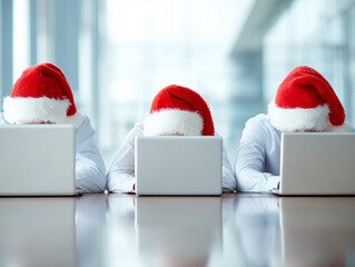 Group of office employees in Santa hats working on laptops at desk. Concept of business Christmas celebration, teamwork during holidays, corporate winter season, digital workplace 2026.