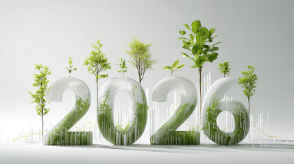 White numbers 2026 with green trees sprouting from the surface, symbolizing eco growth, renewable energy, and sustainable green economy  Concept.
