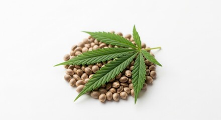 Hemp seeds with a cannabis leaf, isolated on white background, natural healthy ingredient