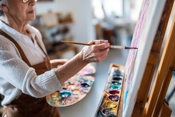 close-up of elderly artist painting at easel, colorful palette, creative expression, warm interior light