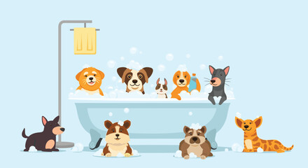 Fototapeta premium A cheerful group of diverse dogs enjoying a bubbly bath at a pet grooming salon, with some waiting patiently on the floor.
