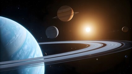 Explore the solar system planets and rings in space with sun and moons for astronomy lovers view 4k