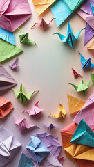 Colorful Origami Cranes and Papers on a Light Background, Creative Art & Craft AI