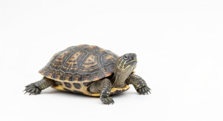 Obraz premium Turtle with patterned shell stands against a clean, white backdrop