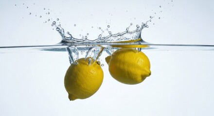 Two lemons plunge into clear water, creating a splash crown effect