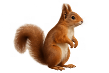 Red squirrel standing on hind legs, looking sideways, animal wildlife, transparent background