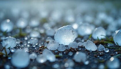 Icy hailstones rest on ground after storm. Transparent balls of ice cover grass and soil. Cold precipitation formed rough textured lumps of frozen water.