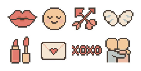 Vintage pixel art: romantic icons with lips, heart, and cupid's arrows