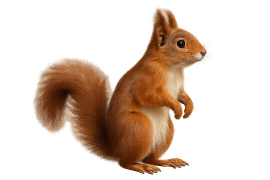 Red squirrel standing on hind legs, looking sideways, animal wildlife, transparent background