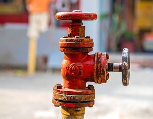 Close-up of a weathered, bright red metal valve with multiple handwheels, likely for water control. Shows signs of rust and age
