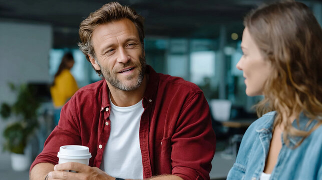 Casual man and woman having friendly conversation in modern office break room with coffee cup, relaxed atmosphere and natural light