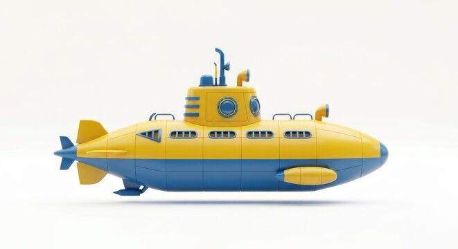 Yellow and blue cartoon submarine with periscope against a white background