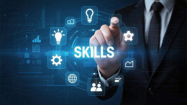 Businessman interacting with digital skills icons
