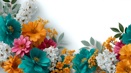 Bright colorful floral border with teal, orange, pink, and white flowers and green leaves creating lively and cheerful frame design