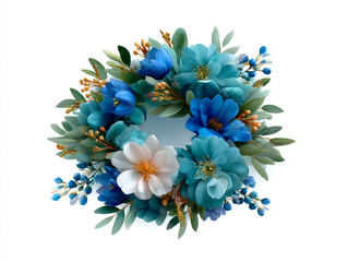 Blue flower wreath with green leaves and white flower centerpiece, delicate orange buds, and vibrant natural decoration