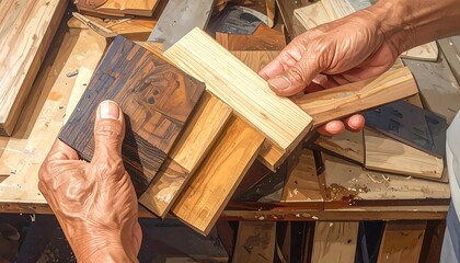 Close-up of artisan's hands meticulously arranging various wood samples, inspecting color and grain for a project