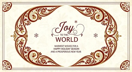 Vintage christmas card with an ornate frame and the words joy to the world and happy holidays