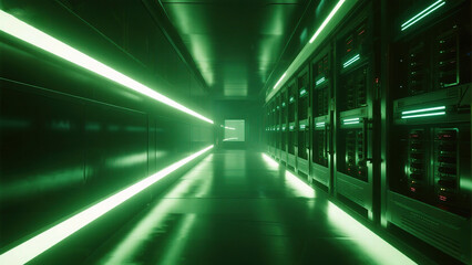 Long corridor with glowing lights and server racks