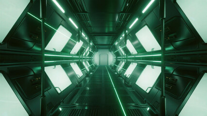 Futuristic corridor with green lighting