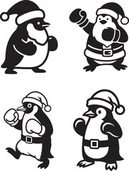 Christmas Penguins Vector Illustration Set, Cartoon Penguins in Santa Hats and Winter Attire, Perfect for Holiday Designs