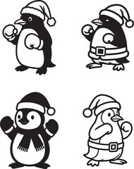 Christmas Penguins Vector Illustration Set, Cartoon Penguins in Santa Hats and Winter Attire, Perfect for Holiday Designs