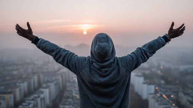Photography masterclass, an atmospheric wide shot of a city rooftop at dawn, a lone figure looking outward with arms wide, metaphor for vision, possibility and global thinking