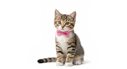 Obraz premium Tabby kitten with pink bow tie sitting on a white background
