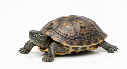Terrestrial turtle with geometric shell pattern, posing on bright white background