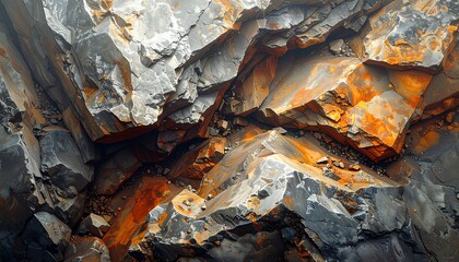 Close-up of fractured rock face, displaying sharp angles and contrasting grey and orange hues due to oxidation