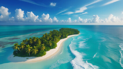 Tropical Island Paradise with White Sand Beach, Palm Trees, and Turquoise Ocean AI