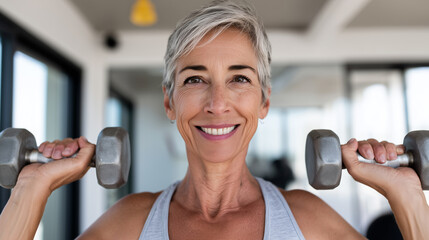 Close Up a vibrant mid-life woman lifting dumbbells in a bright modern home gym, strong posture, smiling determination, natural daylight pouring in