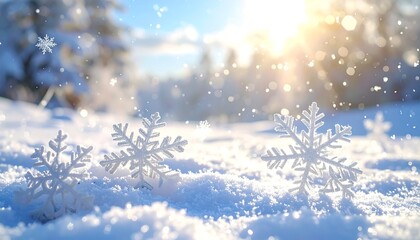 Close-up of snowflakes resting on snow, with a sunlit forest background and falling snow. Warm light bursts through the trees