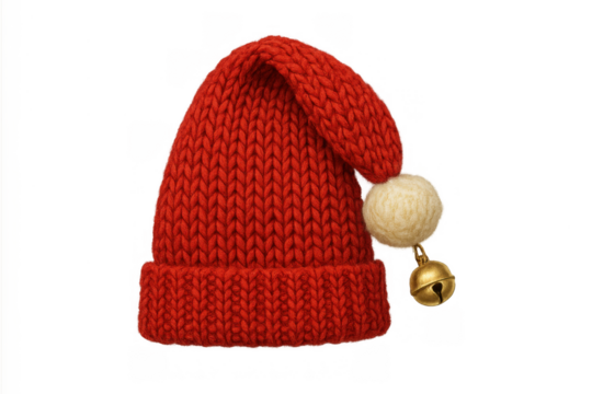 Red knitted christmas hat with pom-pom and jingle bell, symbolizing holiday spirit and winter cheer, transparent background - Powered by Adobe