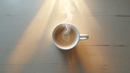 Steaming Coffee Mug in Sunlight on White Wooden Table - AI Generated