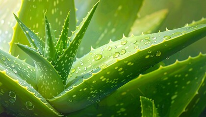Close-up of lush, vibrant green plant with spiky leaves. Water droplets glisten, catching sunlight, set against a blurred background