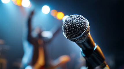 close-up of a microphone in soft focus foreground, behind it a blurred speakers silhouette raising a hand confidently, ambient stage lighting, deep blues and warm golds,