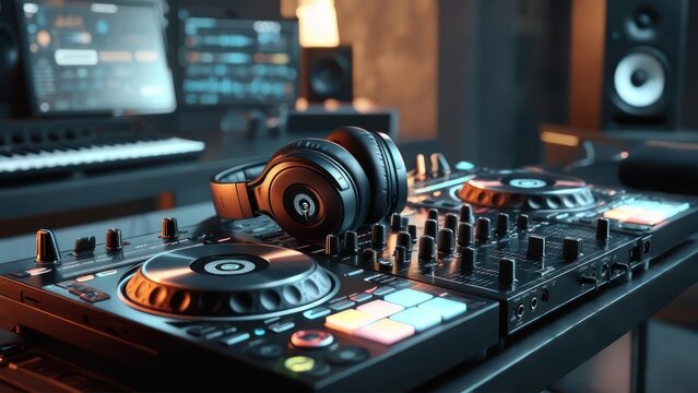 DJ Turntables and Headphones in a Music Studio Setup.
