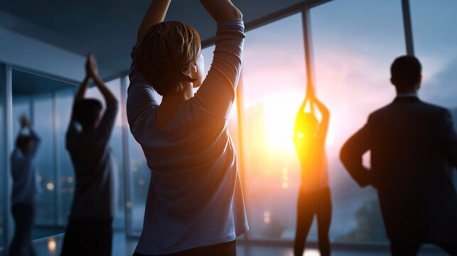 Faceless coworkers taking a five-minute wellness break, silhouettes visible through soft light haze, promoting workplace balance, with copy space.