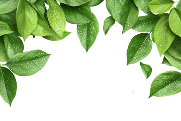 A vivid border of fresh tropical leaves covered in raindrops against a pure black background.