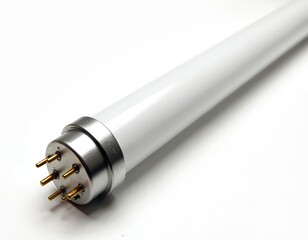 Photo shows white fluorescent light tube. Lighting object isolated on white backdrop. Modern fixture for office, industry, home interior. Energy tech for illumination. Eco saving lamp with reflection.