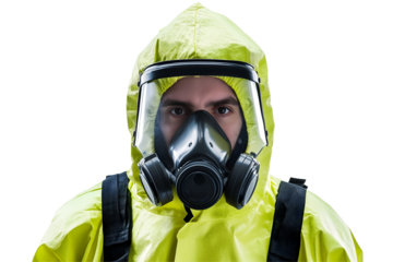 a person wearing a protective hazmat suit and respirator mask. Ideal for concepts like safety, biohazard, or chemical protection.
