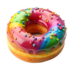Colorful donut with rainbow icing and sprinkles isolated on transparent background